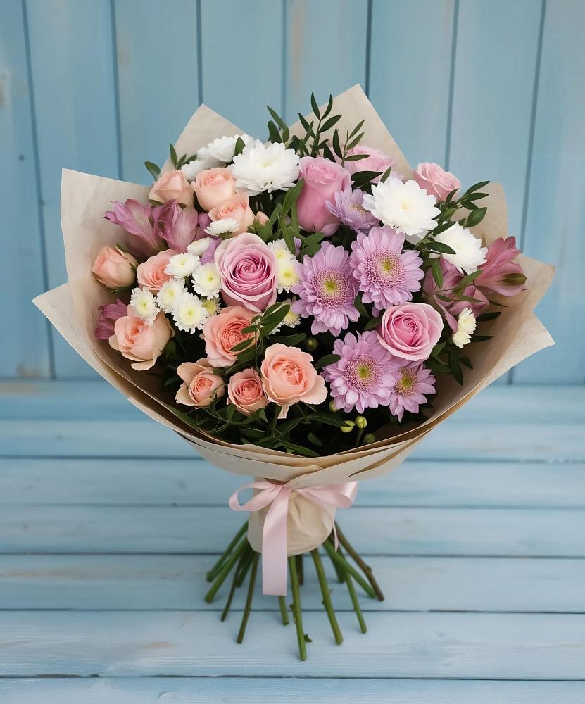 Букет цветов из: Хризантемы, Розы и Альстромерии в Мечниково