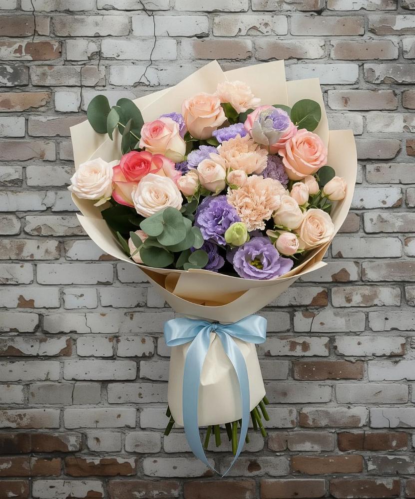 Букет цветов из: Розы, Лизиантусы и Гвоздики в Мечниково