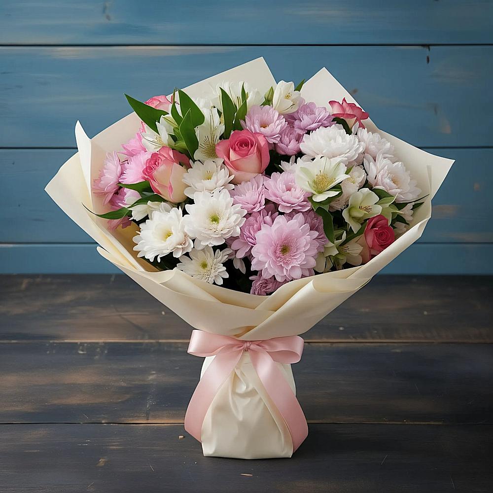 Букет цветов из: Хризантемы, Альстромерии и Розы в Мечниково